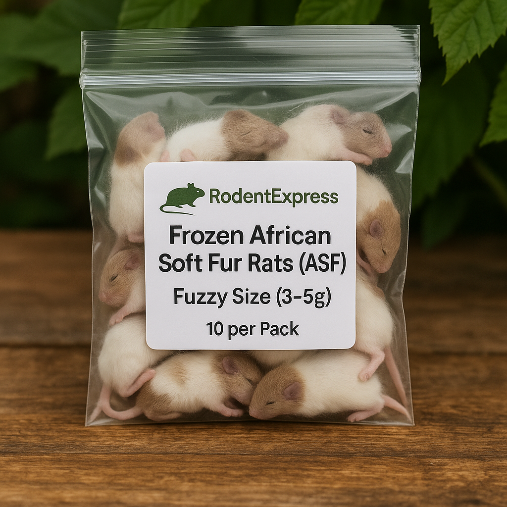 Frozen African Soft Fur Rats (ASF) – Fuzzies (3–5g) | Perfect for Growing Reptiles (25 Pack)